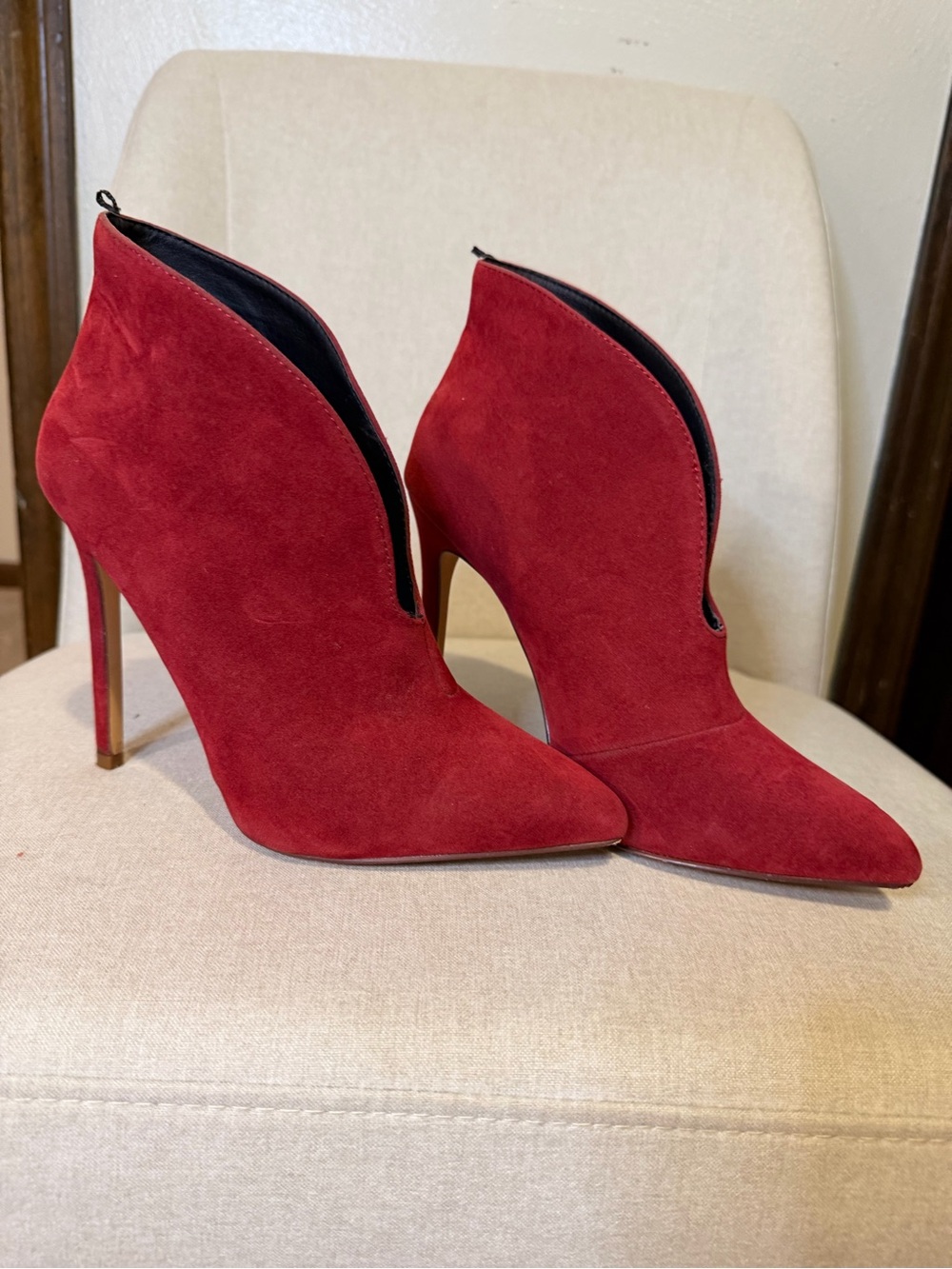Forever 21 Red Suede Pointed-Toe V-Cut Stiletto Ankle Boots